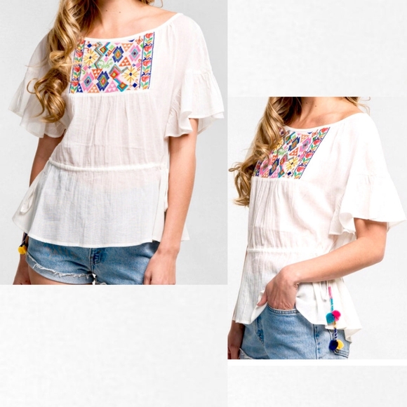 Impeccable Pig Embroidered Top with Pom Pom Side Waist Ties - Picture 4 of 14